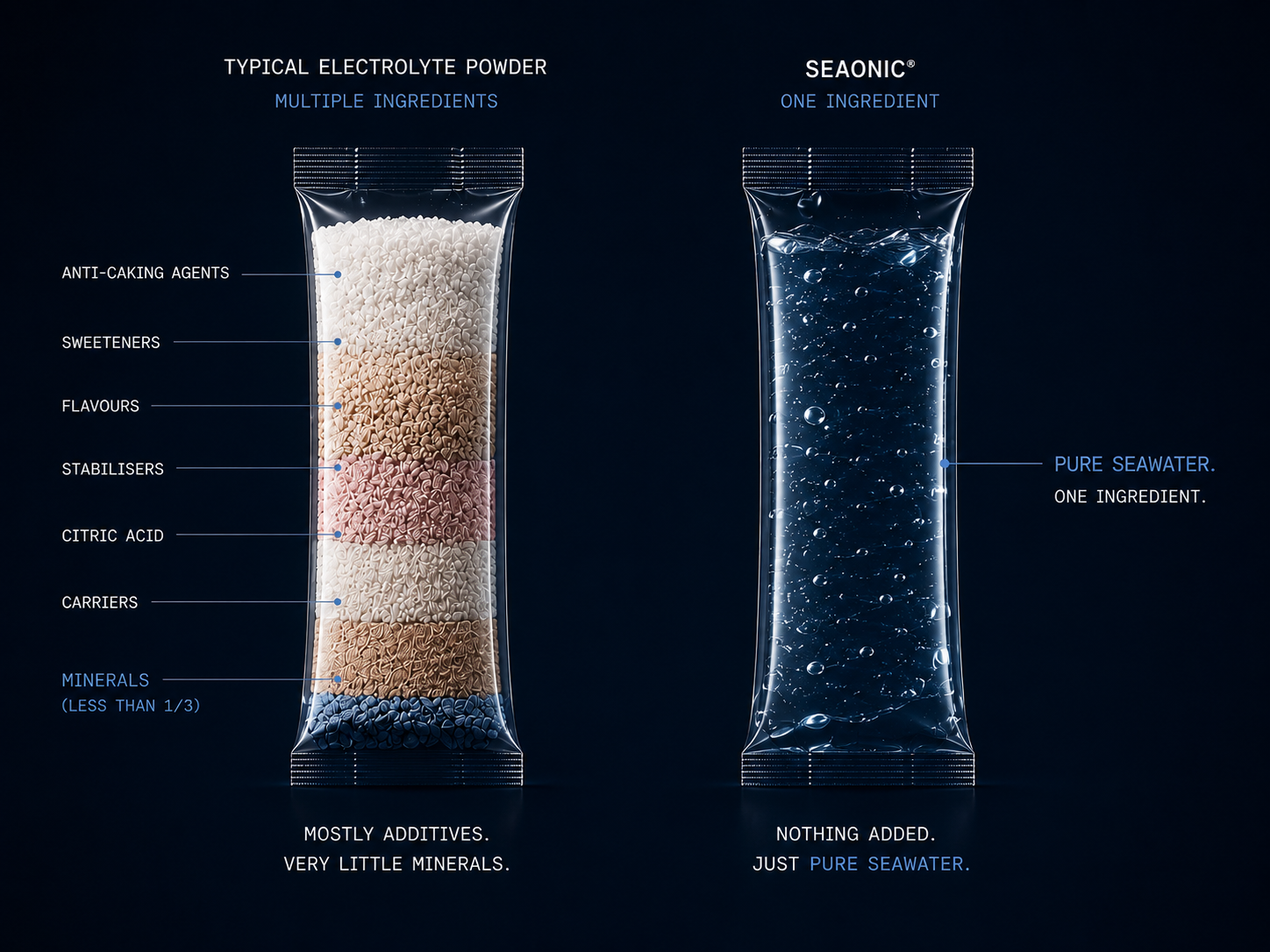 Typical electrolyte powder additives compared with Seaonic's single seawater ingredient